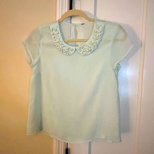Sheer Mint Blouse w/Bedazzled Collar